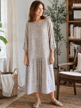 New! Block Print Drop Waist Cotton Dress